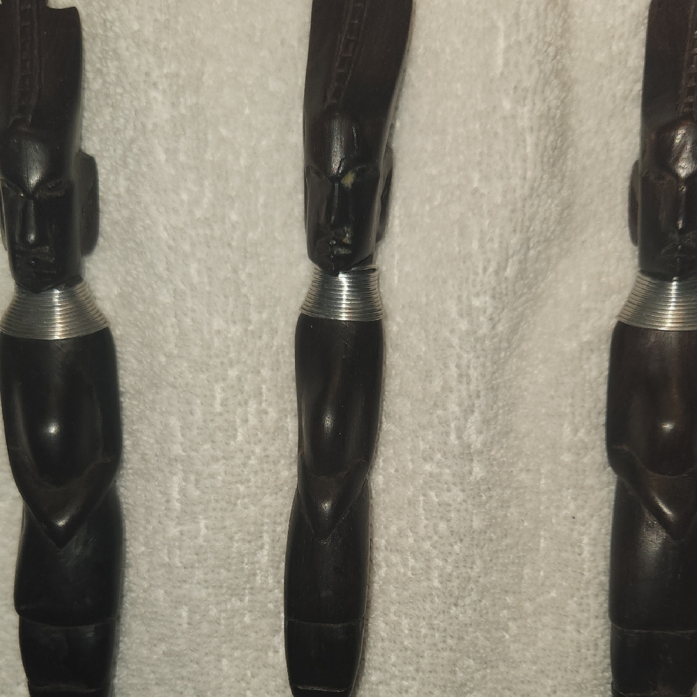 Hand-Carved Vintage African Wood Tribal Figurine Utensils with Silver Accent Set